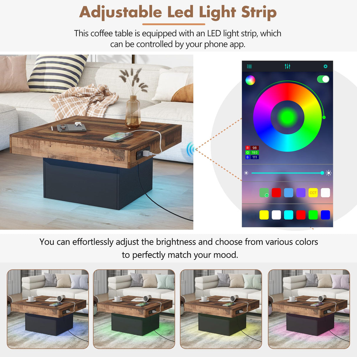 Polibi Coffee Table with LED Light, Brown Spliced Wood Grain Center Table with 2 USB Ports and Outlets, Coffee Tables with Charging Station for Living Room, Black Polibi