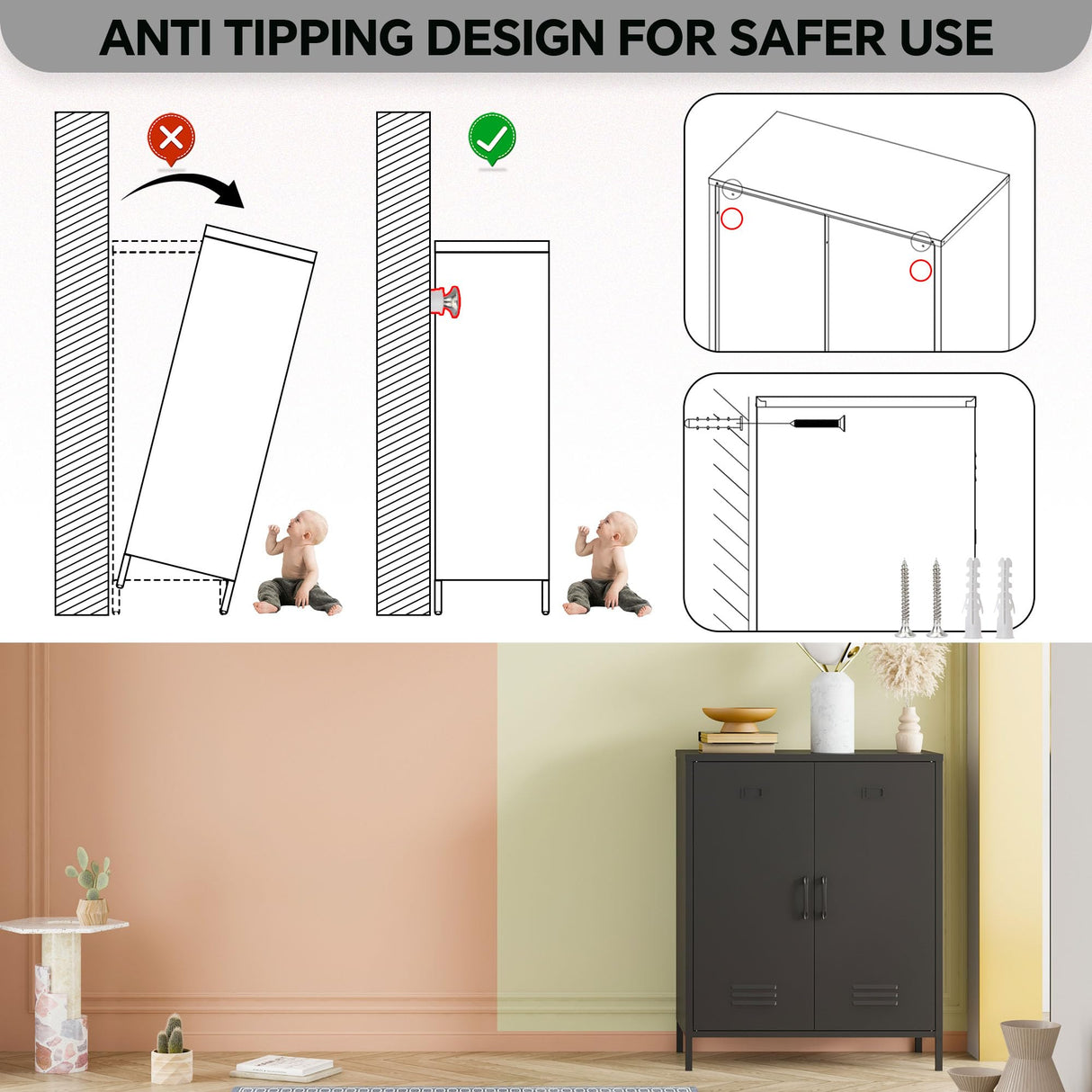 MIOCASA Metal Storage Cabinet - Multi-Purpose Buffet Sideboard Cabinet with Adjustable Shelf & Leveling Feet, Heavy-Duty Steel Design for Living Room, Kitchen, Entryway (Black) MIOCASA