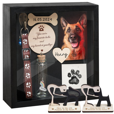 vinatimes 8.6'' Pet Memorial Gift Shadow Box Black Collar Holder Picture Frame Pet Paw Ink Kit Dog Wooden Sculpture Bottle Rainbow Pet Hair Keepsake Gift Loss of Dog Cat Tabletop Wall Hanging PSD-4B vinatimes