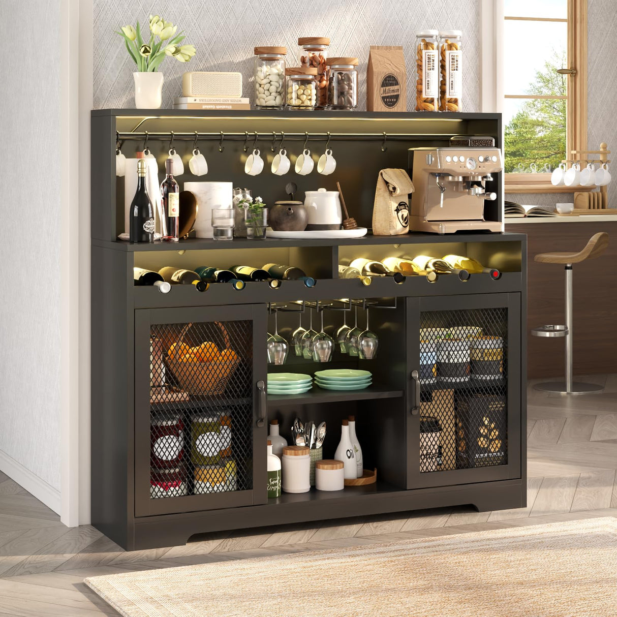 Loomie Wine Bar Cabinet with LED Light, Liquor Cabinet with Glass Holder, Coffee Bar Cabinet for Liquor, Storage Buffet Cabinet with Wine Racks, Wine Cabinet with Mesh Door (Black) Loomie