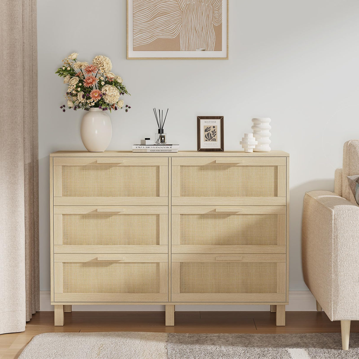 Derfullo 6 Drawers Dresser for Bedroom, Wood Rustic Wide Chest of Drawers, Storage Dressers Organizer for Bedroom, Living Room, Hallway Derfullo