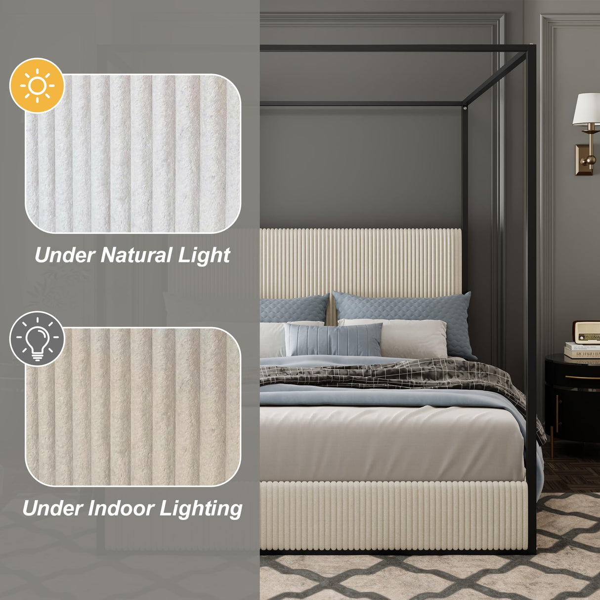 HRJHLucky King Size Canopy Bed with Tall Upholstered Channel Headboard, Metal 4 Poster Upholstered Bed, No Box Spring Needed (Black+Cream, King//) HRJHLucky