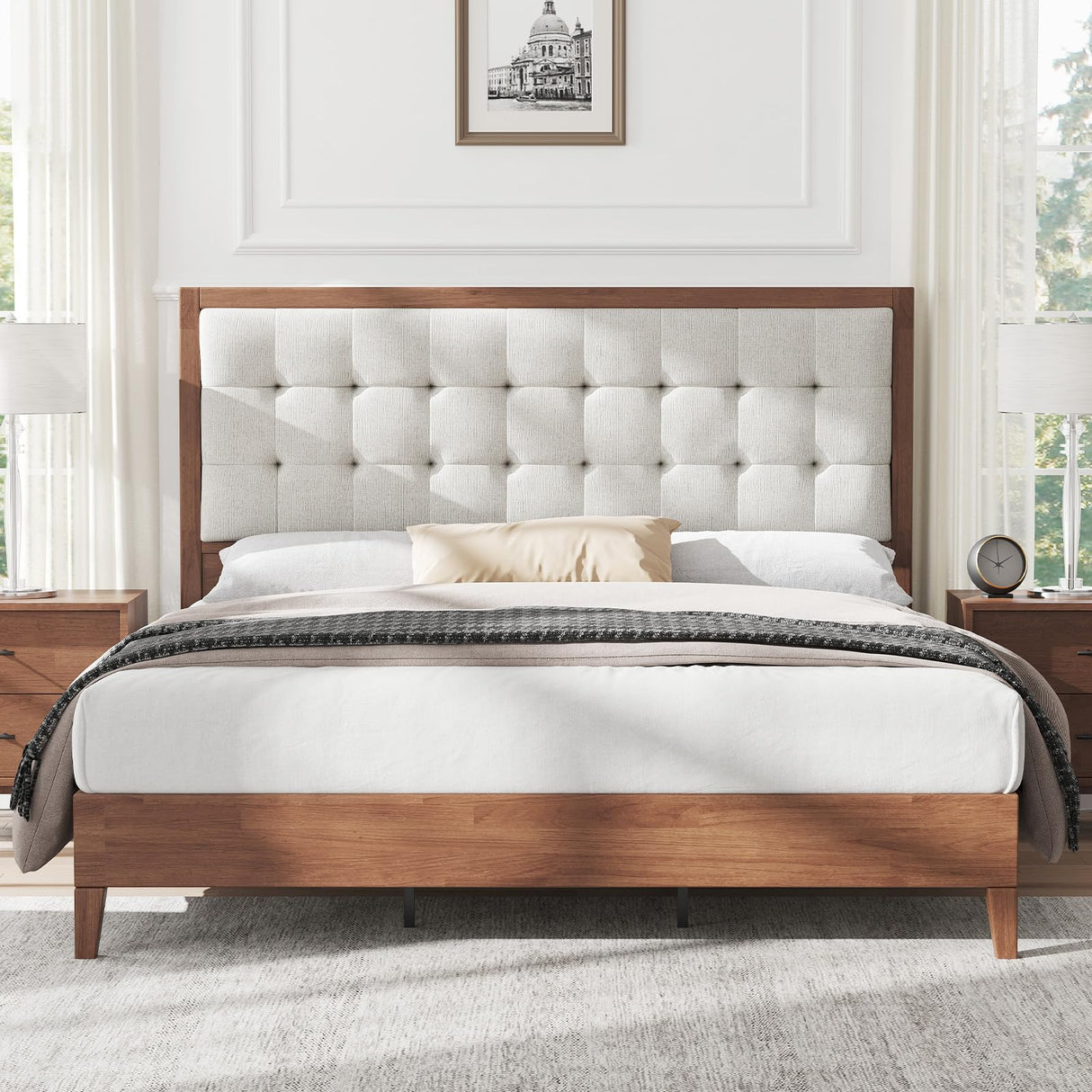 AMERLIFE Queen Size Solid Wood Bed Frame with Tall Tufted Headboard, Mid-Century Style, No Box Spring Required, Easy Assembly, Walnut AMERLIFE