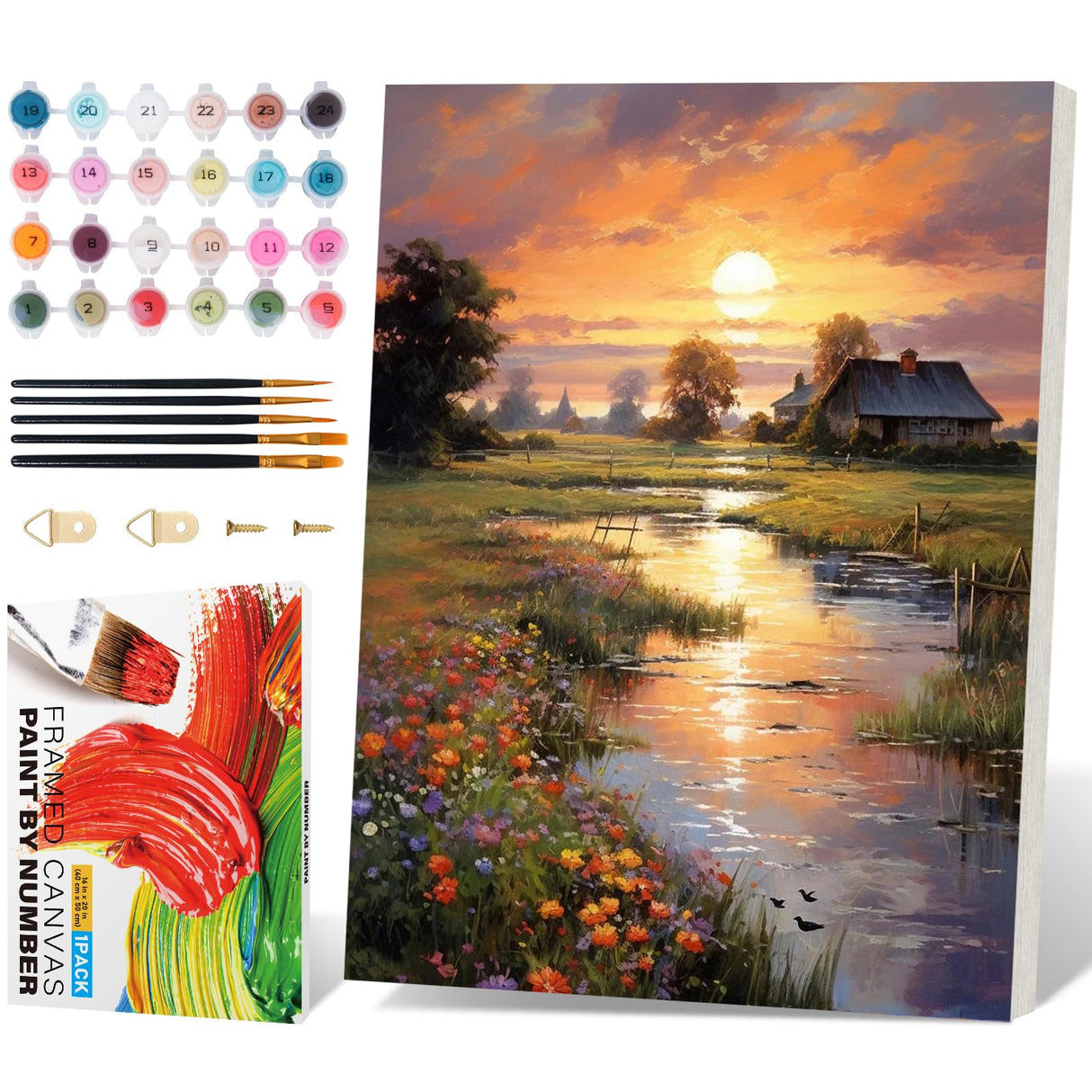 Framed Paint by Numbers Kit for Adults Beginner, Countryside Sunset Adult Paint by Number Kits on Canvas, Riverside Cabin Oil Painting by Numbers for Home Decor Gift 16” W x 20”L Fountor