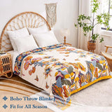 XIBLC Boho Throw Blanket, 100% Cotton Ultra Soft Luxury Throw Rustic Quilt, 60"x80" Floral Bird Butterfly Farmhouse Decor Bed Blankets, All Season Rustic Reversible Bohemian Throw for Bed - Yellow XIBLC