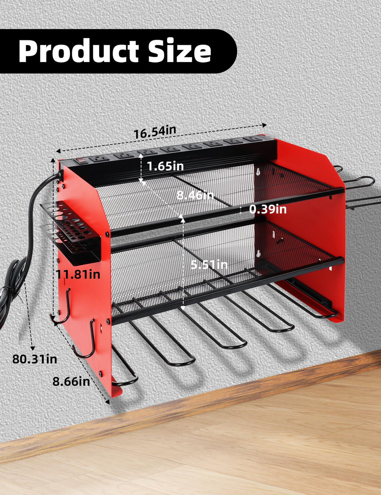 Power Tool Organizer wtih Charging Station，3 Layers Storage Rack with Screwdriver Rack 6 Drill Holders 8 Outlets Max Load 110lbs，for Workshop Garage Organizers and Storage Tool Battery Holder (Red) YOUNITA