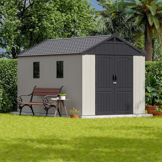 Patiowell 8 x 12 FT Plastic Outdoor Storage Shed with Floor, Resin Shed with Window and Lockable Door for Garden, Backyard, Tool Storage Use, Easy to Install in Beige (Kick-it Shed) - WoodArtSupply