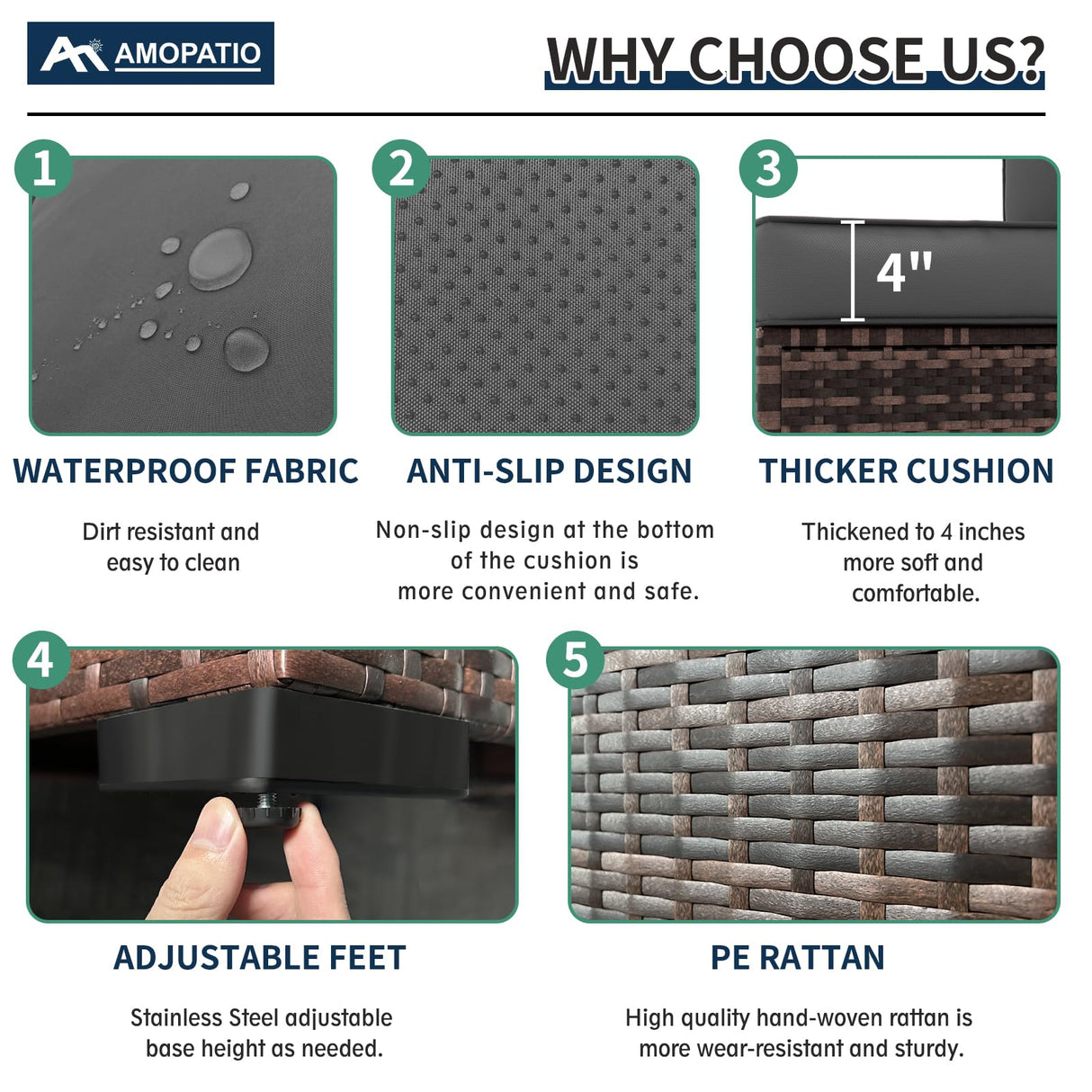 Amopatio Patio Furniture Sets, 7 Pieces Outdoor Rattan Sectional Sofa Set with Glass Table and Cushions, Wicker Patio Conversation Set for Outdoor Indoor Backyard Lawn Garden Porch (Grey) Amopatio