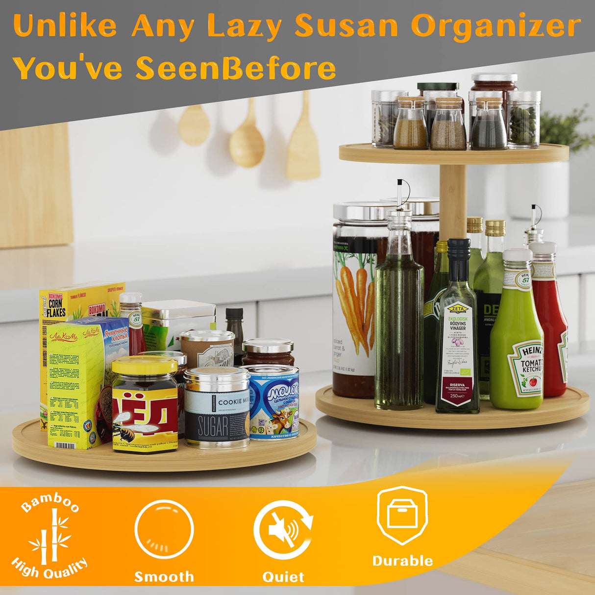 Lazy Susan Organizer Homerays 9 Inch Non-Skid Bamboo Lazy Susan for Kitchen Rotating Spice Rack for Kitchen Cabinet, Wood Turntable for Kitchen Countertop Organizer Homerays