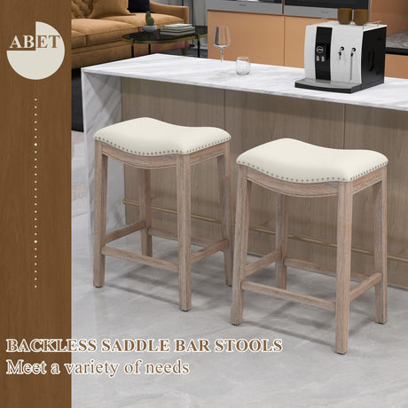 ABET Bar Stools Counter Height Chair Set of 3, 27" Backless Farmhouse Barstools with Wood Leg & Built-in Footrest, Nailhead Saddle Seat, Upholstered Linen Kitchen Island Chairs, Beige ABET
