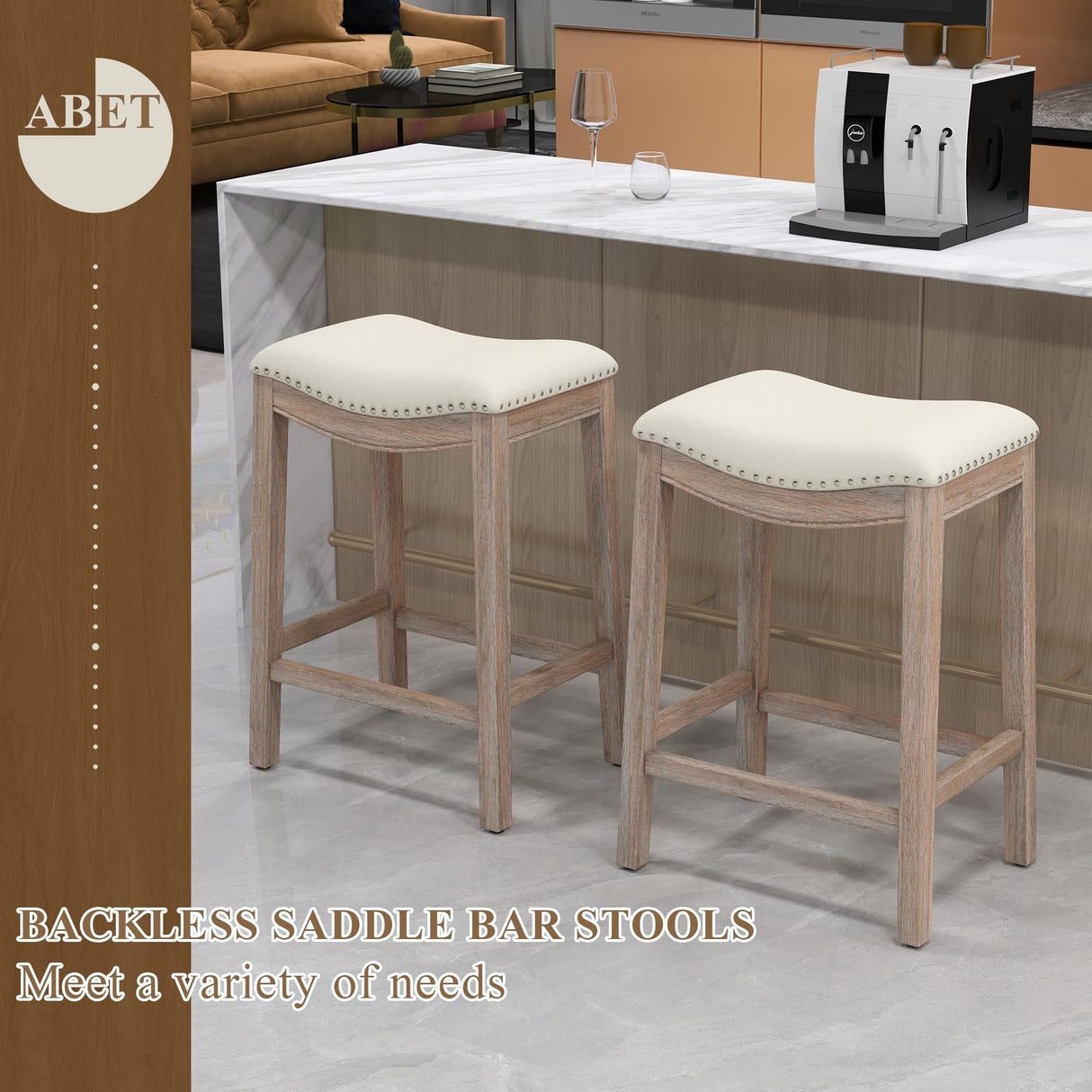 ABET Bar Stools Counter Height Chair Set of 4, 27" Backless Farmhouse Barstools with Wood Leg & Built-in Footrest, Nailhead Saddle Seat, Upholstered Linen Kitchen Island Chairs, Beige ABET