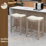 ABET Bar Stools Counter Height Chair Set of 4, 27" Backless Farmhouse Barstools with Wood Leg & Built-in Footrest, Nailhead Saddle Seat, Upholstered Linen Kitchen Island Chairs, Beige ABET