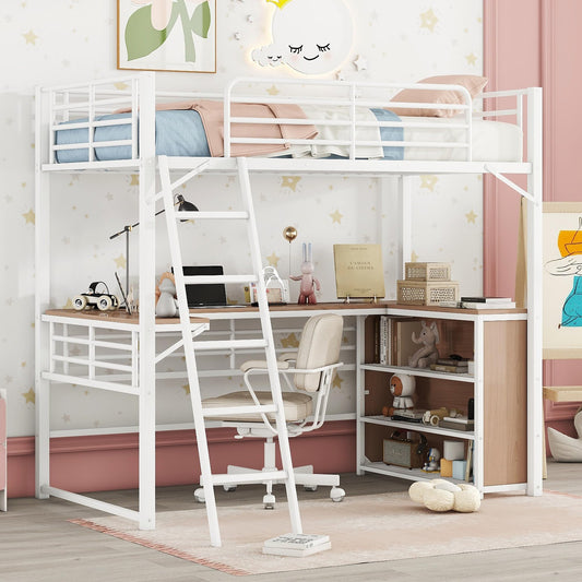 Metal Twin Size Loft Bed with L-Shaped Desk,Heavy Duty Loft Bed with 3 Tier Shelves for Kids Teens Adults,Loft Bed Twin Size with Storage, High Loft Bed Frame, Space Saving,White