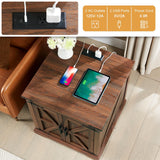 Barnyatoh Farmhouse End Table with Charging Station,24" Large Sofa Side Table with Barn Door, Rustic Wood Square Nightstand Bedside Table with Adjustable Storage Shelf for Living Room, Bedroom,Walnut Barnyatoh
