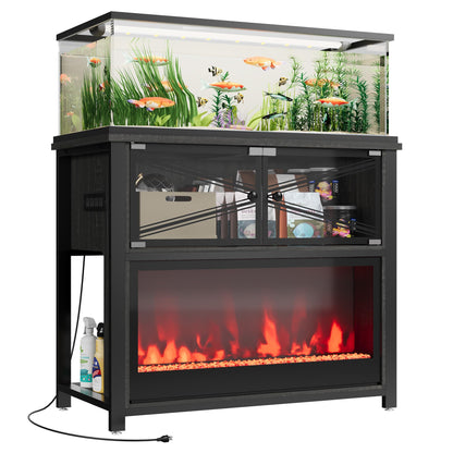 40-50 Gallon Fish Tank Stand with 20-Color LED Flames, No Heat, Metal Frame Structure Aquarium Stand, Glass Doors Storage Cabinet Holds Up to 700 LBS, Fit for Turtle Tank, Reptile Tank (Black)