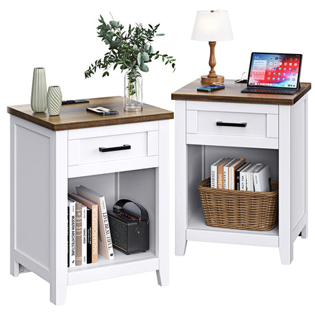 Decofy Farmhouse Nightstand with Charging Station & Large Storage, Set of 2 Modern End Tables with Outlets, USB Ports and Type-C Ports, Easy Assembly for Bedroom (Pure White + Walnut) Decofy