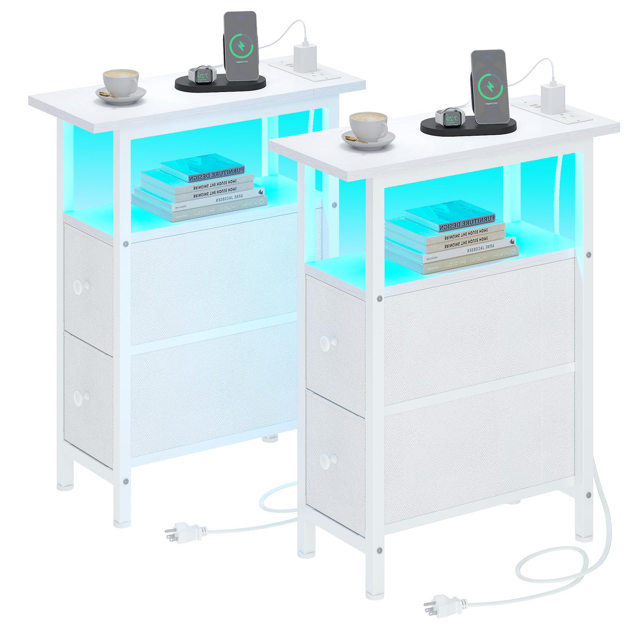 TRIFEBLE End Table Set 2 with Charging Station, Narrow Side Table with 2 Fabric Drawers, Skinny Nightstand with LED Light, Slim Bedside Table for Bedroom, Living Room, Small Spaces, White TRIFEBLE