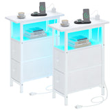 TRIFEBLE End Table Set 2 with Charging Station, Narrow Side Table with 2 Fabric Drawers, Skinny Nightstand with LED Light, Slim Bedside Table for Bedroom, Living Room, Small Spaces, White TRIFEBLE