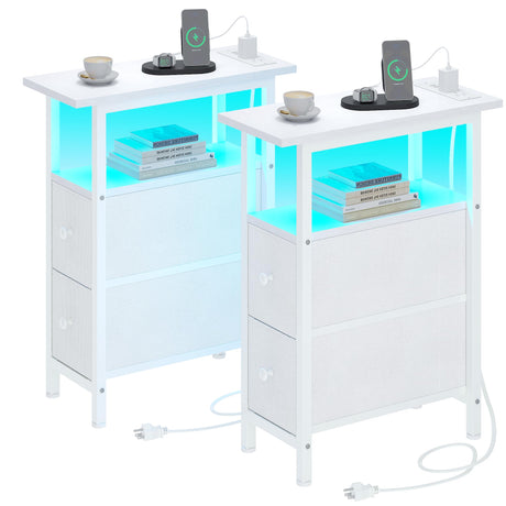 TRIFEBLE End Table Set 2 with Charging Station, Narrow Side Table with 2 Fabric Drawers, Skinny Nightstand with LED Light, Slim Bedside Table for Bedroom, Living Room, Small Spaces, White TRIFEBLE