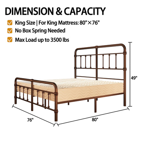 Macbimony Vintage Antique Metal King-Size Bed Frame with High Headboard - No Box Spring Needed (Brown) Macbimony