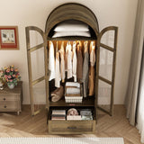 chartustriable 2 Doors Arched Armoire Wardrobe Closet w/Drawers,LED Light,Wooden Closet Wardrobe Cabinet with Hanging Rod for Bedroom,Modern Armoire Storage Cabinet w/Shelf,Rustic Oak chartustriable