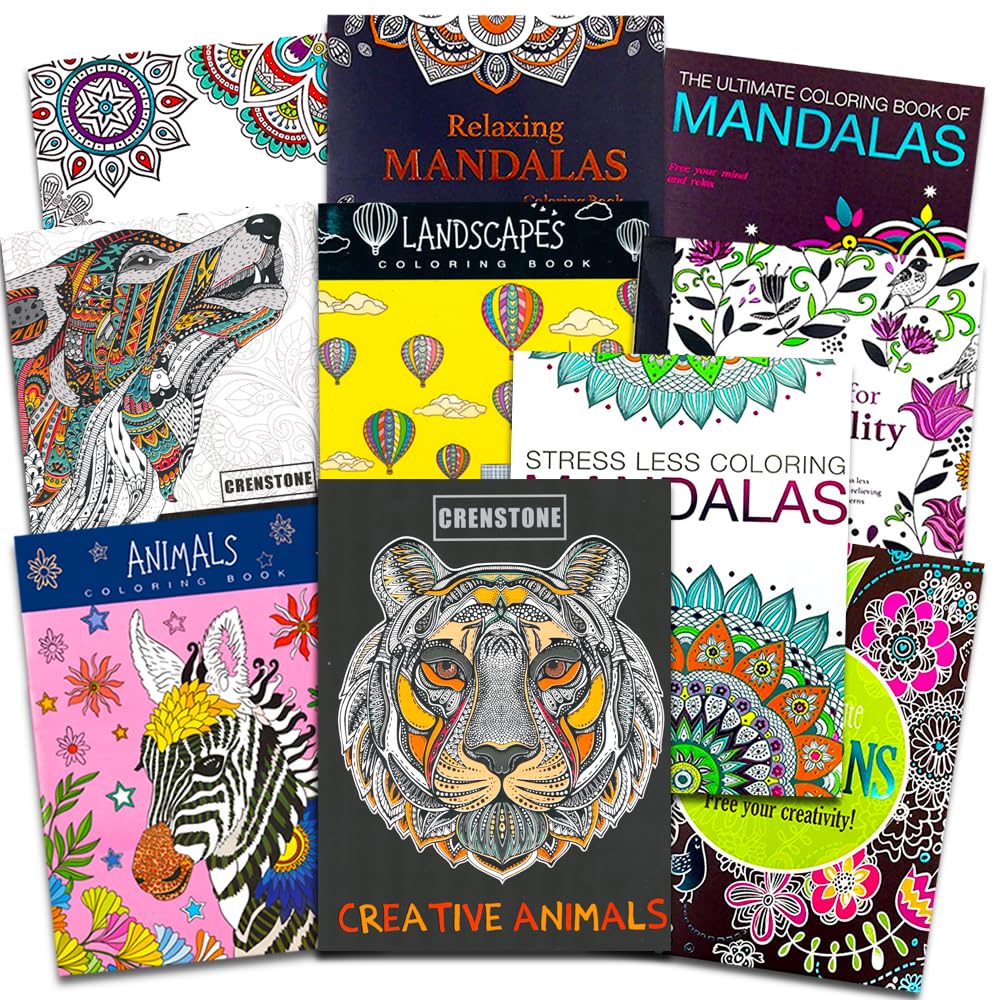 Adult Coloring Books Super Set -- 10 Deluxe Coloring Books for Adults and Teens Crenstone