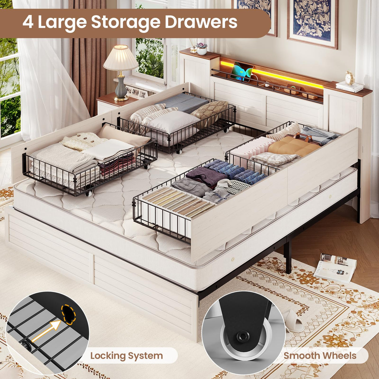 VIAGDO Farmhouse King Bed Frame with Headboard and Double Barn Door Storage Cabinets, Rustic Wooden Bed Frame King Size with Charging Station, 4 Drawers and LED Lights, No Box Spring Needed, White VIAGDO