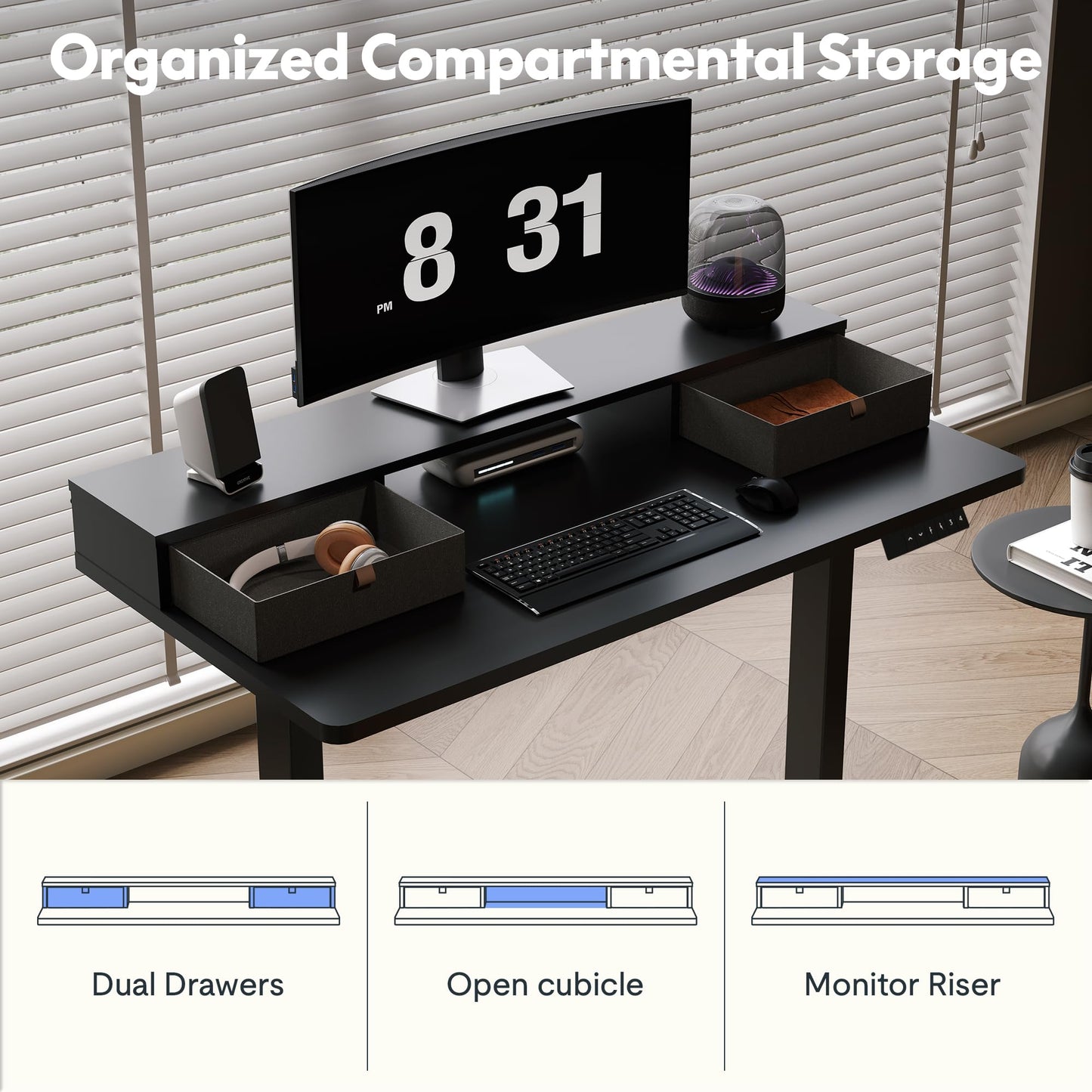 FLEXISPOT Electric Standing Desk with Drawer, Solid One-Piece Adjustable Height Desk with Storage Shelf, Ergonomic Monitor Stand for Computer Laptop (Black Frame/Black Top, 55 inch) - WoodArtSupply