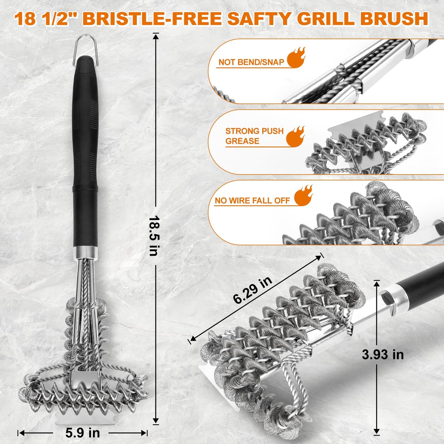 18" Bristle Free Grill Brush Barbecue Triple Scrubbers Cleaning Brush for Gas or Charcoal Grills,Compatible with Stainless Steel/Cast Iron/Porcelain Grill Grates