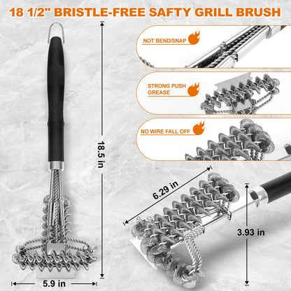 18" Bristle Free Grill Brush Barbecue Triple Scrubbers Cleaning Brush for Gas or Charcoal Grills,Compatible with Stainless Steel/Cast Iron/Porcelain Grill Grates