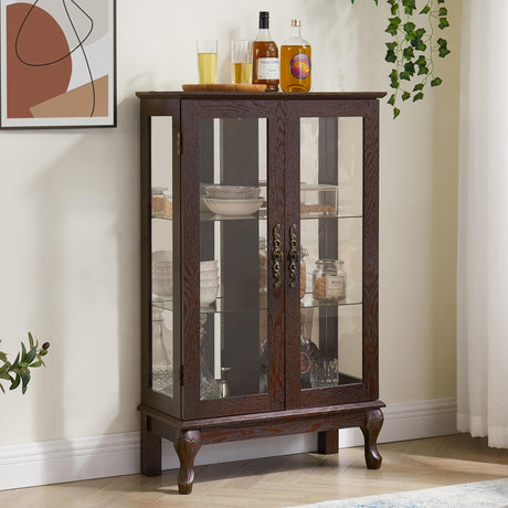 nifoti 43" H Lighted Curio Cabinet Display Case, Glass Curio Cabinet with Adjustable Shelves and Tempered Glass Door, Wooden Curio Cabinet w/Mirrored Back Pane for Living Room (Dark Cherry) nifoti