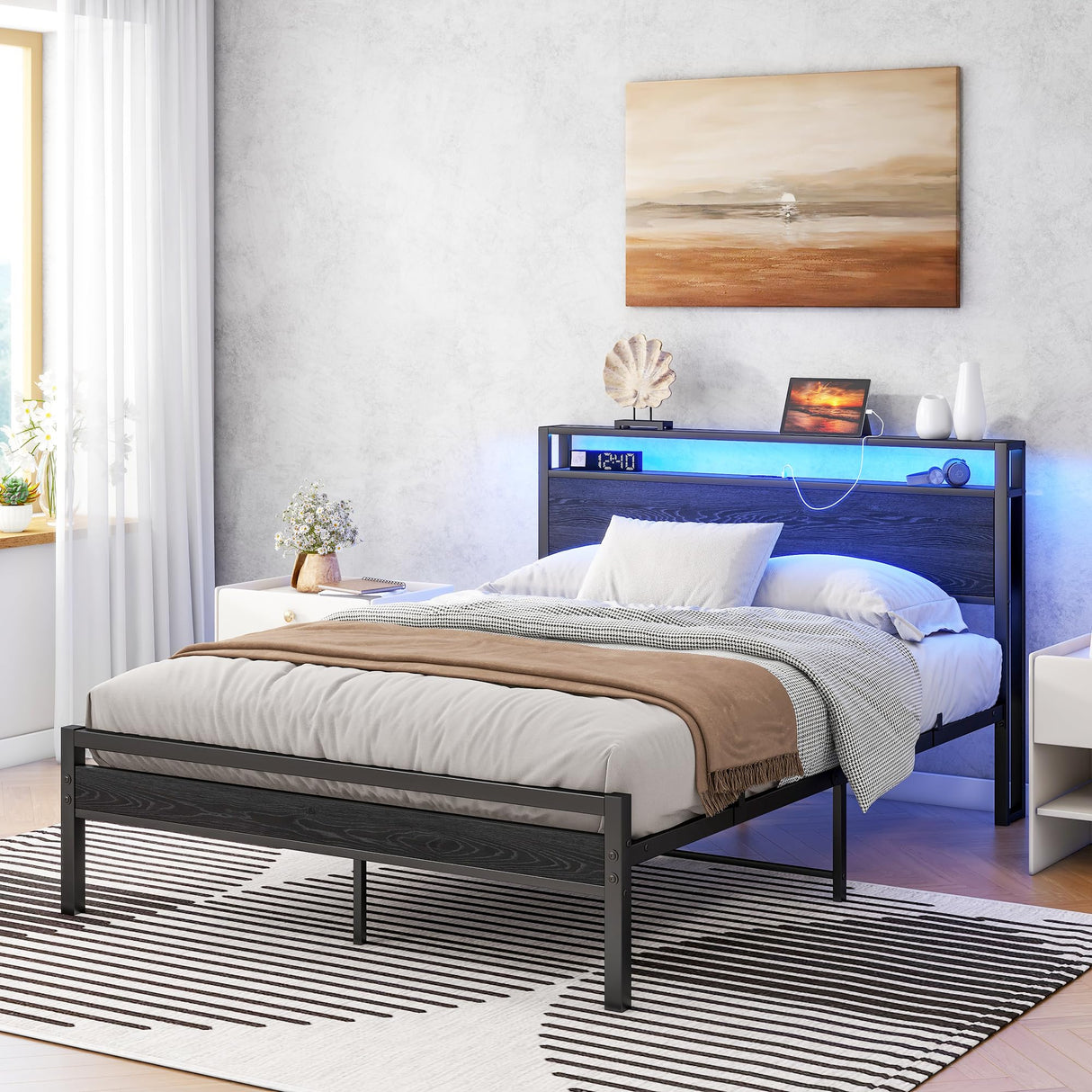 HOJINLINERO Full Size Bed Frame with Storage Headboard/LED Lights,Metal Bed Frame Full Size with Charging Station,Platform Bed Frame Full Size No Box Spring Needed,Heavy Duty Metal Slats Support,Black HOJINLINERO