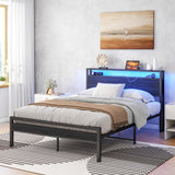 HOJINLINERO Full Size Bed Frame with Storage Headboard/LED Lights,Metal Bed Frame Full Size with Charging Station,Platform Bed Frame Full Size No Box Spring Needed,Heavy Duty Metal Slats Support,Black HOJINLINERO