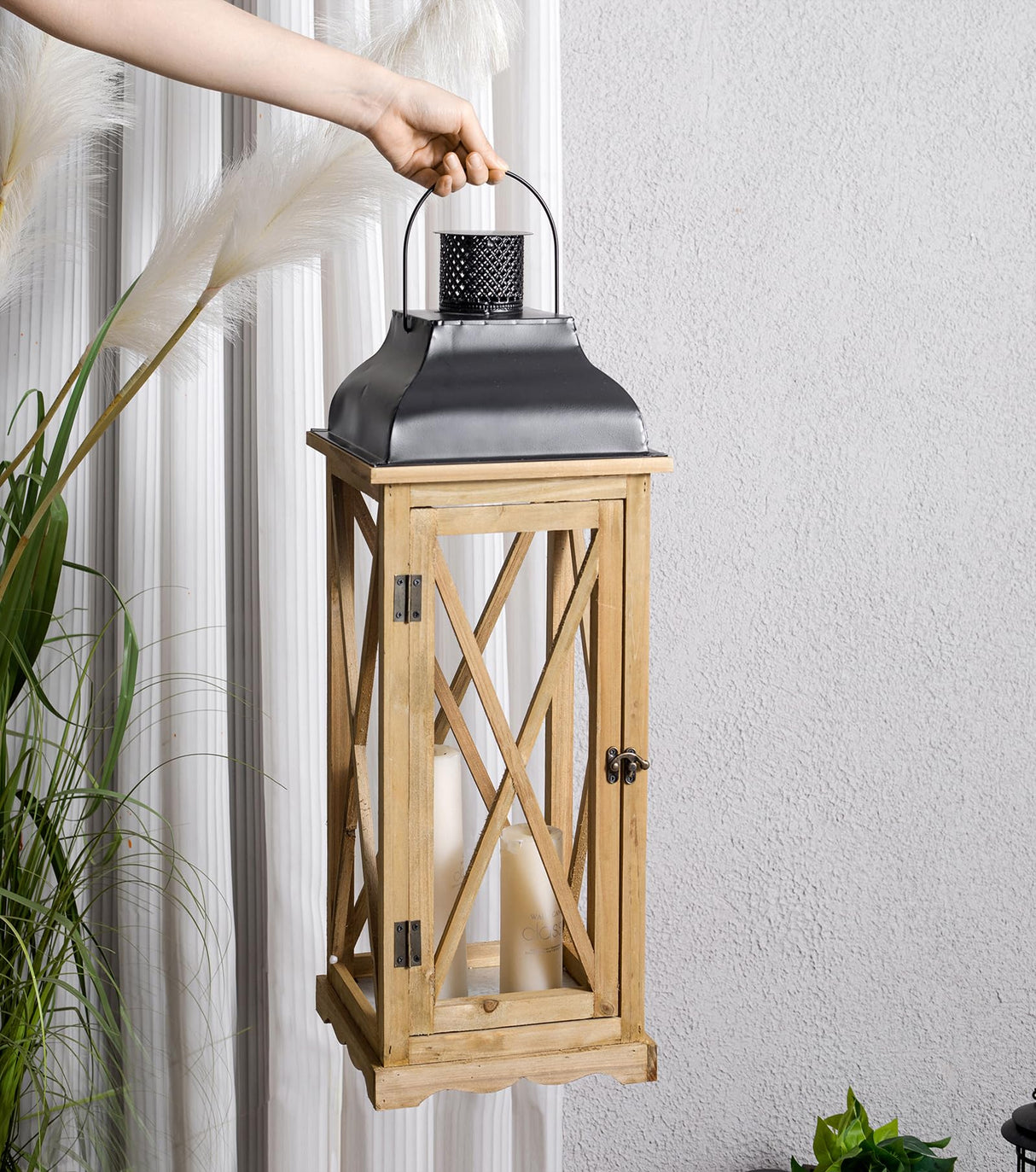 Venalys Farmhouse Wooden Metal Candle Lantern Set of 2, Rustic Large Decorative Floor Lanterns, Indoor/Outdoor Hurricane Lantern for Home Decor (No Glass) Venalys
