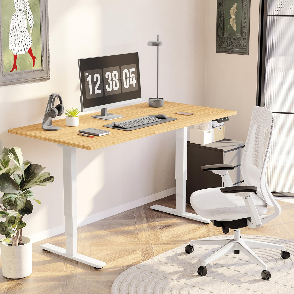 Standing Desk with Dual Motor, 3-Stage Lifting Column, Handset with 3 Preset and Sit-Stand Reminder - 60 inch Whole Piece Real Bamboo Desk/White Frame, Height Adjustable Desk for Home and Office SANODESK