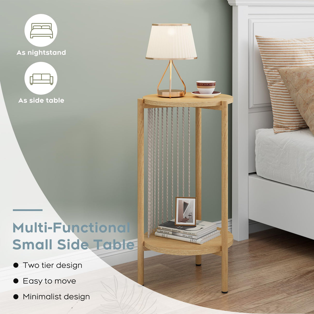 Yechen 3-Piece Boho Coffee Table Set with Hand-Woven Natural Rope, 2 Tier Wooden Round Coffee Table and End Table Sets with Metal Frame, Side Table with Storage for Living Room, Bedroom Yechen