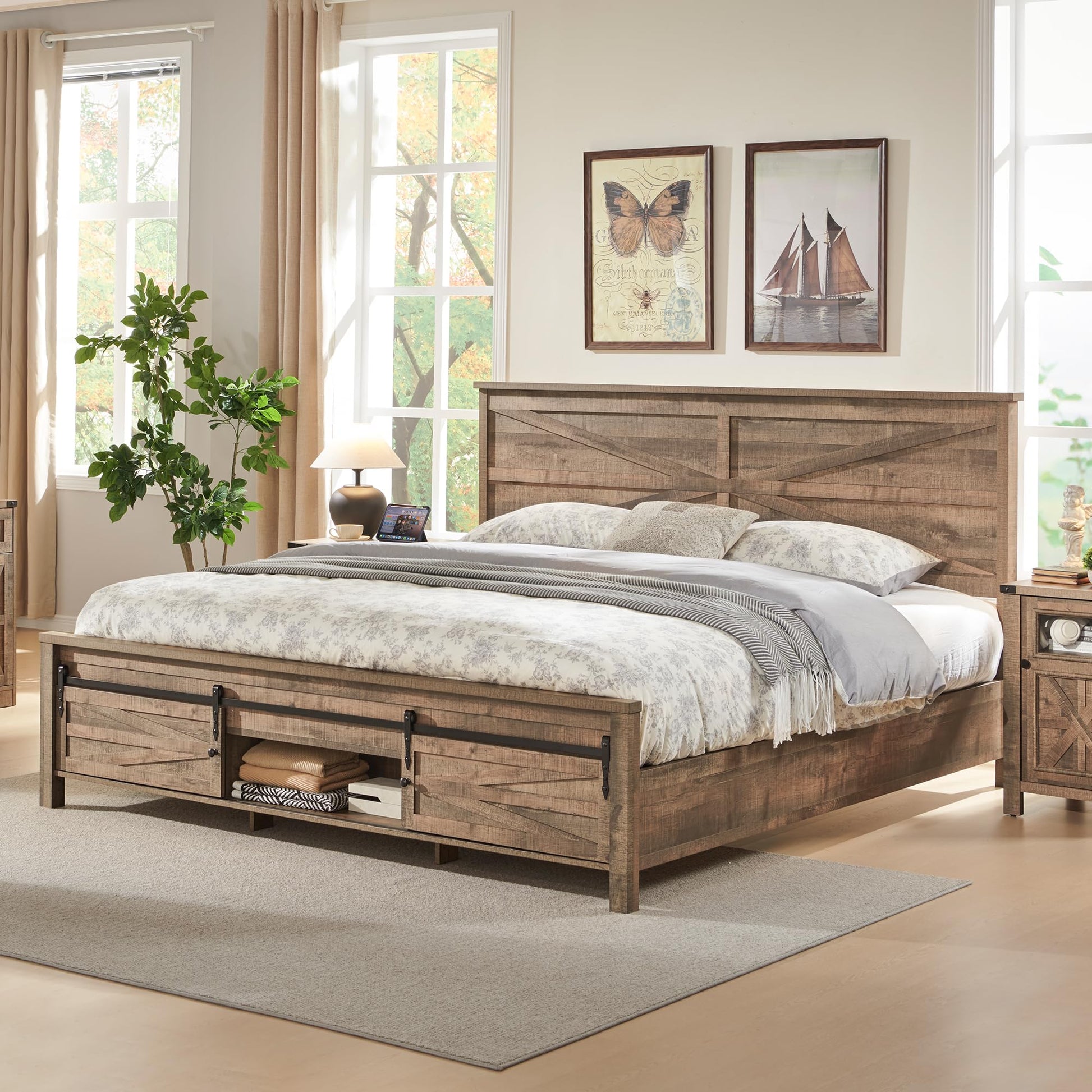 King Farmhouse Wood Bed Frame with Sliding Barn Door Storage - JXQTLINGMU - WoodArtSupply