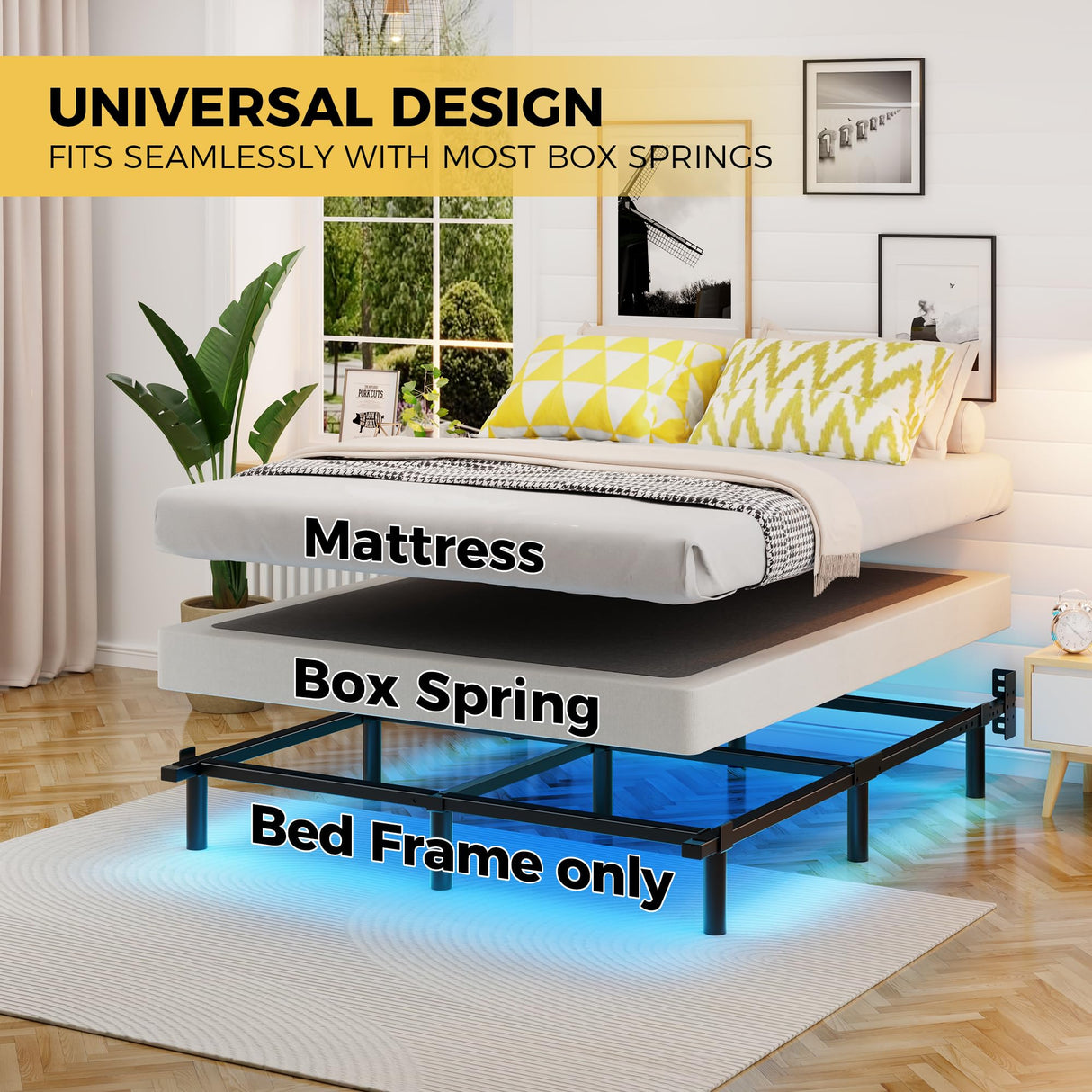 Awesofurni Queen Bed Frame with Smart LED Lights, 7 Inch Basics Metal Bed Frame, Heavy Duty 9-Leg Base for Box Spring and Mattress, Noise-Free, Easy Assembly, Black Awesofurni