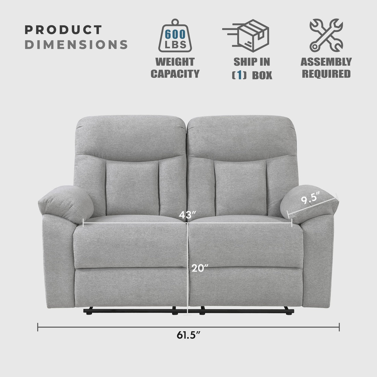 Lexicon Manual Double Recliner Loveseat for Living Room, Chenille Fabric Upholstered Reclining Sofa, Home Theater Seating, Easy Assembly, Recliner Love Seat Couch, Gray Lexicon