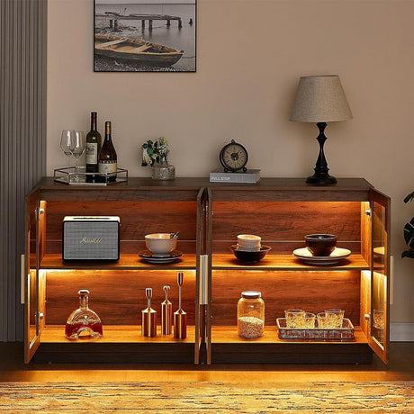 AMERLIFE Sideboard Buffet Cabinet, Mixed Color Accent Cabinet with LED Lights, Modern Glass Doors Storage Cabinet with Adjustable Shelf, Console Table for Dining, Living Room, Barnwood&Brown AMERLIFE