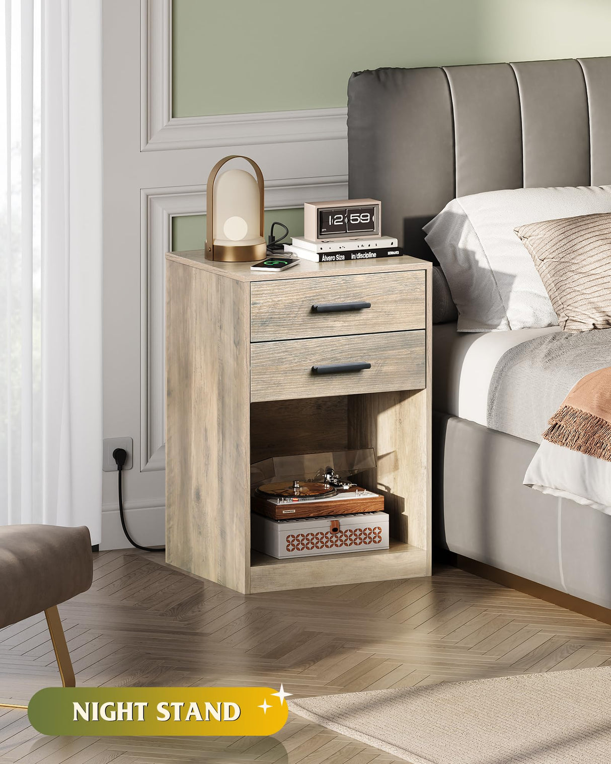 WLIVE Night Stand Set of 2 with Charging Station, Nightstands with Wood Drawers and Open Shelf, Bed Side Tables Living Room, Bedroom, Modern End Table Set 2, Greige WLIVE