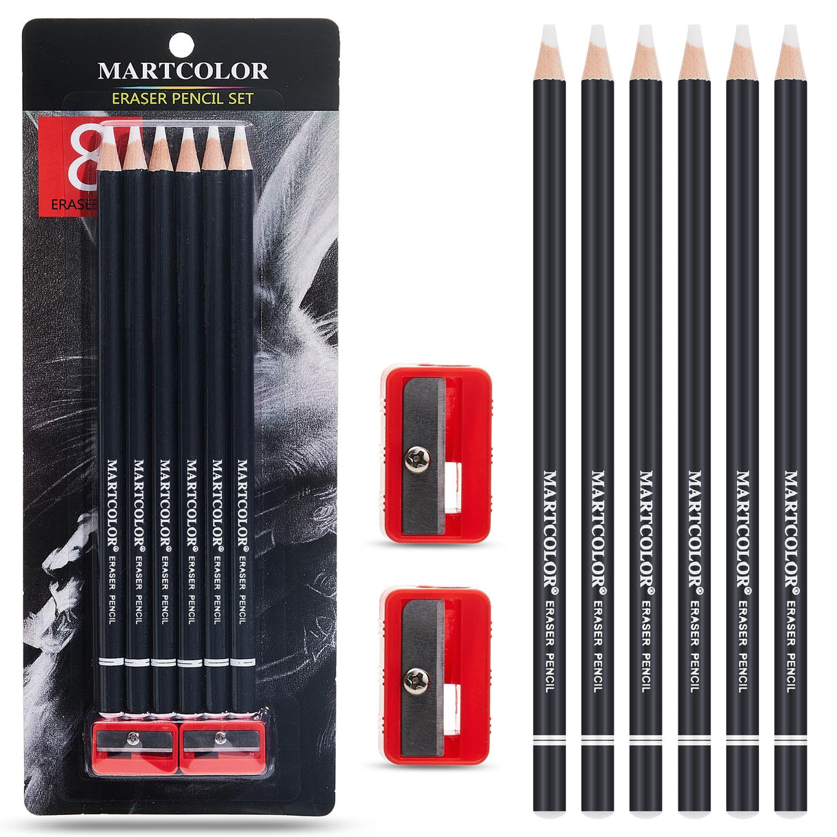MARTCOLOR Professional Eraser Pencil Set, 6pc Eraser Pencils and 2pc Sharpener, Erasing Small Details or add Highlights for Sketching, Charcoal Drawings. Fine Detail Eraser for Beginners & Artists MARTCOLOR