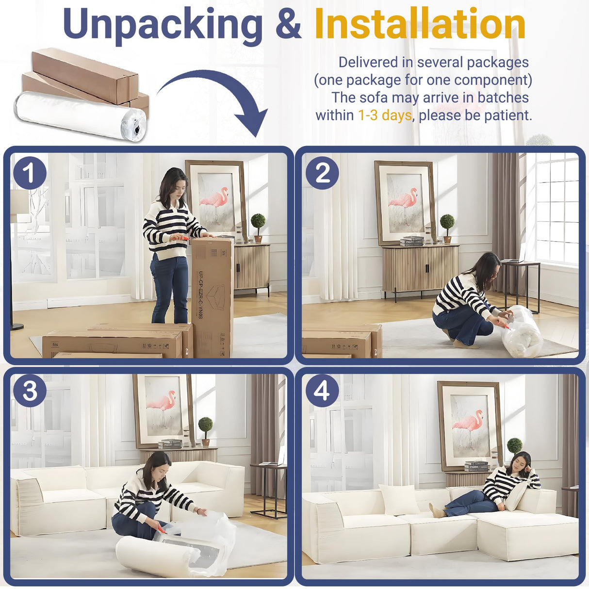 KOBY HOME 38“ Modular Sectional Sofa Convertible Cube Thick Couch Seat Set, Combine L-Shaped U-Shaped, Free Assembly, Space-Saving for Living Room, Fabric Chenille Beige White (Only Armless) KOBY HOME