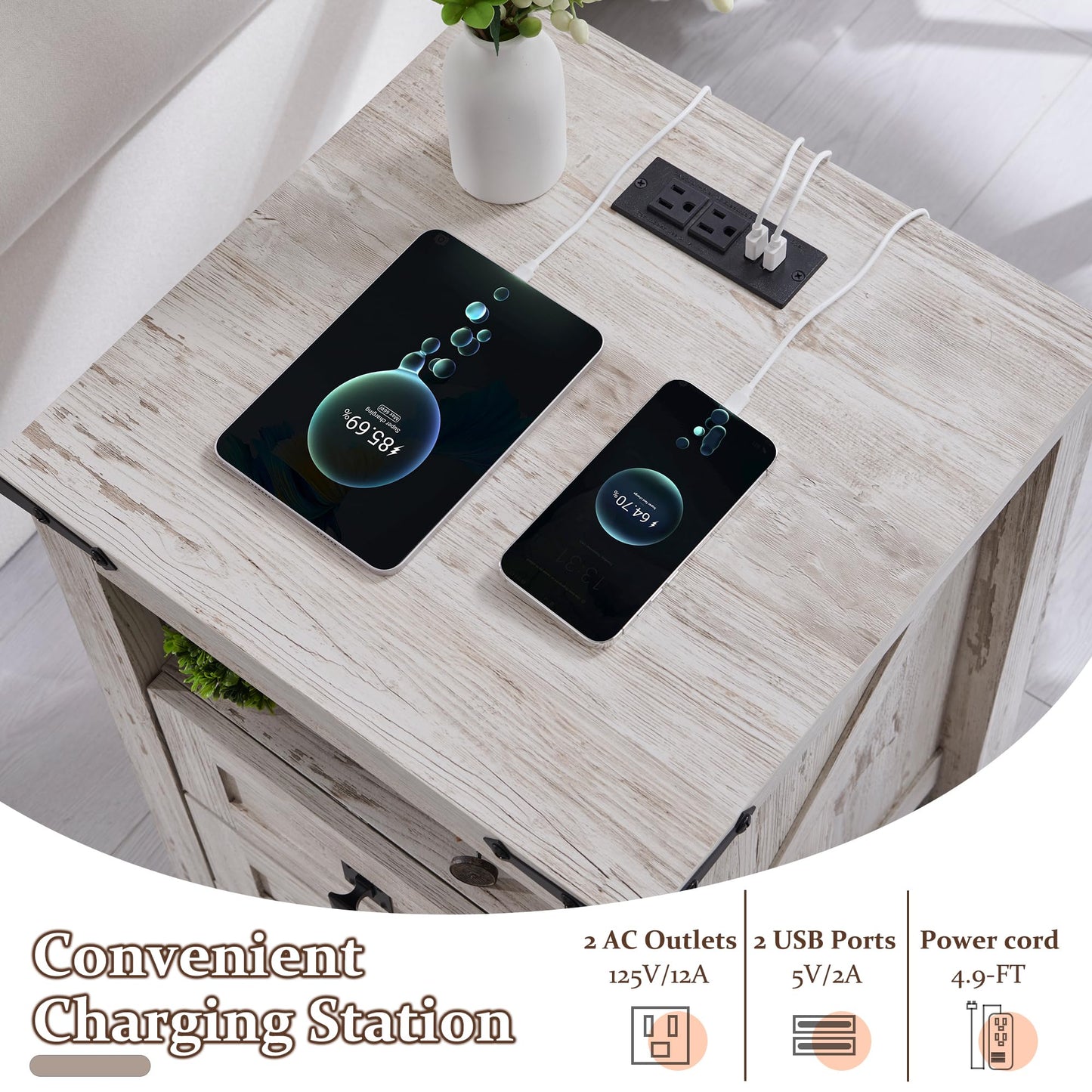 T4TREAM Nightstand wtih Charging Station, End Table, Side Table with 2 Drawers Storage Cabinet for Bedroom, Living Room, Farmhouse Design, Wood Rustic, Antique Brush White - WoodArtSupply