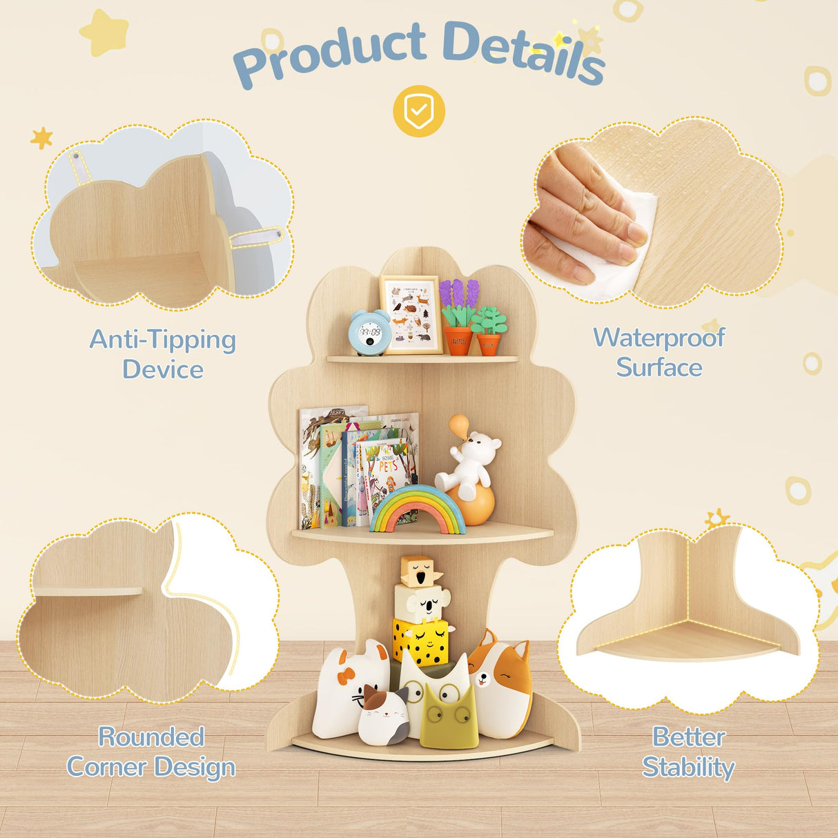 Curipeer Tree Kids Bookshelf, Corner Bookshelf Kids, Bookshelf for Kids, Baby Bookshelf and Toy Storage, Wooden Kids Bookcase, Toddler Book Shelf Organizer for Kids Rooms, Nursery, Natural Wood Curipeer