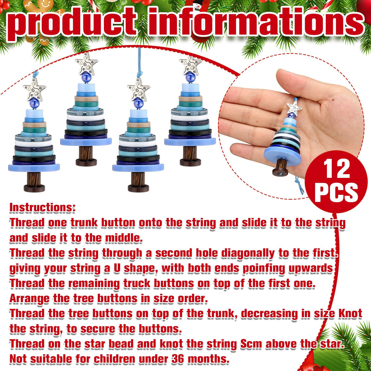 Soulchen 12 Sets Button Christmas Tree Craft Kits Make Your Own Button Christmas Tree Decorations DIY Xmas Hanging Ornament for Holiday Stocking Filler Gift Decor(Blue) Soulchen