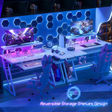 armocity L Shaped Gaming Desk with LED Lights and Outlets, White PC Gaming Desk with Monitor Stand and Shelves, Reversible Gaming Computer Desk with Keyboard Tray & Z-Shape Legs, 47" armocity