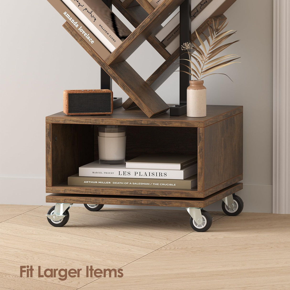 iabifo 49" Rotating Tree Bookshelf, 7 Tier Double Sided Shelf, Wood Corner Bookshelf with Wheels, 360 Display Spinning Bookcase Storage Rack, Ideal for Small Rooms, Easy Assembly, Rustic Brown iabifo