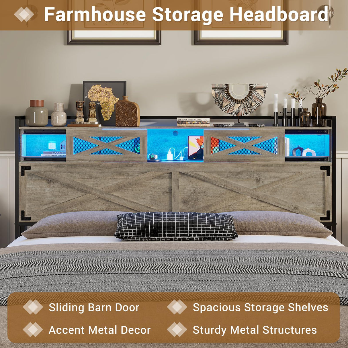 Hasuit Rustic Oak Queen Bed Frame with LED Lights, Charging Station & Storage Headboard Hasuit