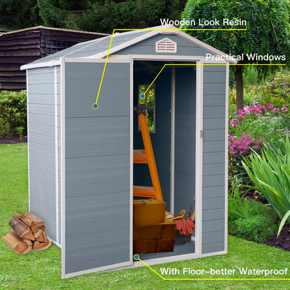 6x4 FT Resin Outdoor Storage Shed with Floor,All-Weather Outdoor Shed with Lockable Door,Window & Sloped Roof,Plastic Outside Tool Storage for Garden,Backyard,Patio,Lawn,Gray